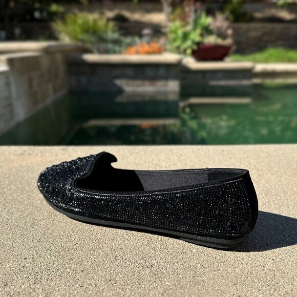 New Black Rhinestone Crystal Pavé Loafers Ballet Flat Ballerina Shoes Round Toe - Picture 5 of 6